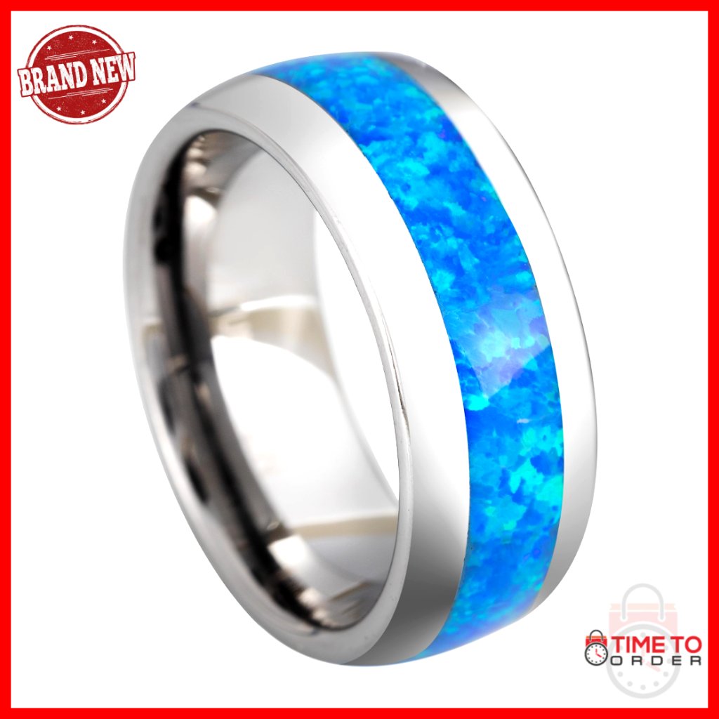 Tungsten Carbide Blue Opal Wedding Ring Men's Band 8mm Comfort Fit